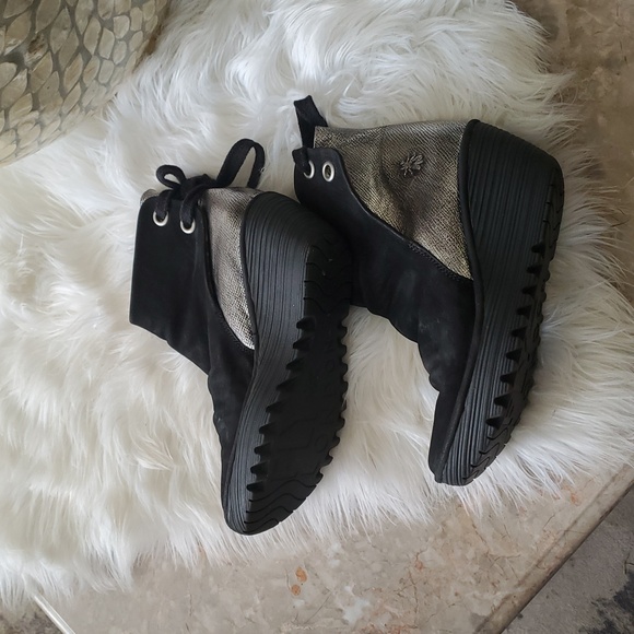 Fly London Shoes - Fly London black silver wedge suade shoe size 39